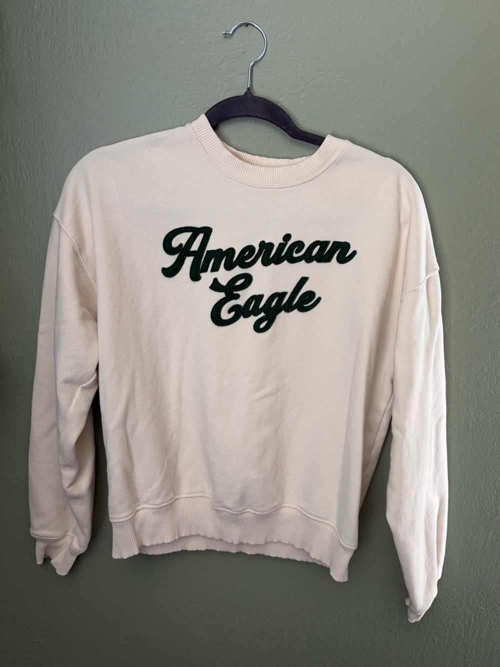 American Eagle Women's XS Cream Green Chenille Logo Crewneck Crop Sweatshirt